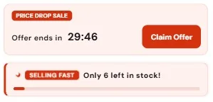 Price-drop sale banner with an offer countdown and Claim Offer button, and a selling-fast low-stock message