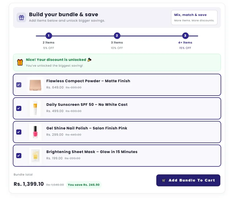 Mix and match bundle widget with a tier tracker, discount unlocked message, selected products and an Add Bundle To Cart button showing the saving