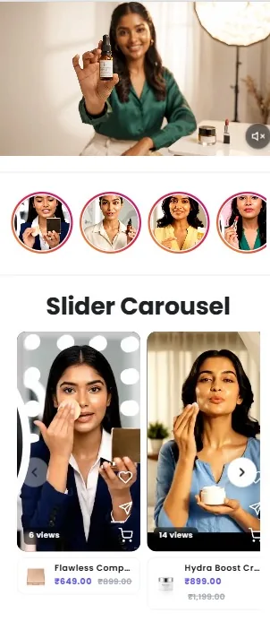 Mobile view of a Shopify store with a hero video, story circles and a shoppable slider carousel