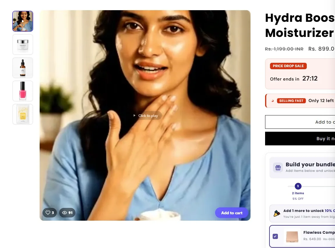 Shopify product page with a video first in the gallery, showing likes, views and an Add to cart button on the video