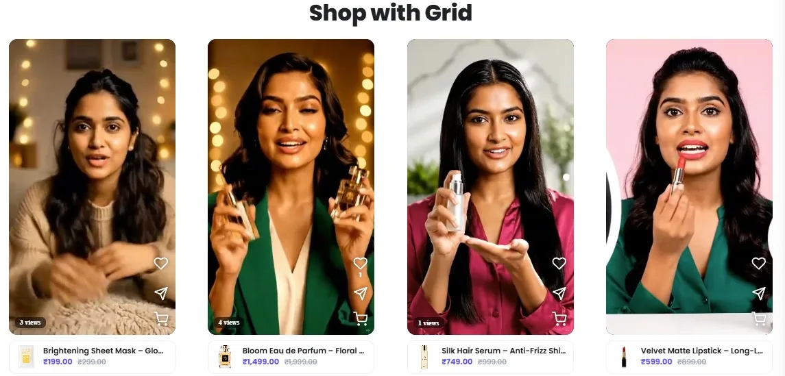 Shop with grid: four shoppable product videos side by side, each with a product card and price