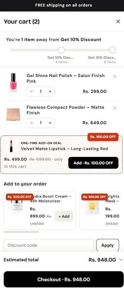 Shopify side cart with a reward progress bar, cart items, a one-time add-on deal, an Add to your order cross-sell row, discount code field and checkout button